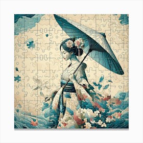 Abstract Puzzle Art Japanese girl with umbrella 3 Canvas Print