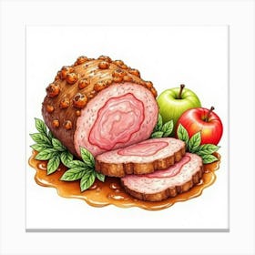 A Vibrant Watercolor Painting Of A Classic Pork Roast With Apples And A Savory Gravy Canvas Print