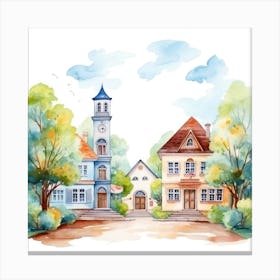 Watercolor House With Clock Canvas Print