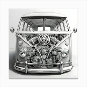 A Delicate, Transparent Pencil Sketch Of A Vintage Volkswagen Bus, Meticulously Showcasing Its Engine Parts(3) Canvas Print