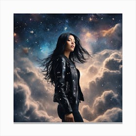 Create A Cinematic Scene Where A Mysterious Woman In A Black Leather Jacket Floats Gracefully Through The Cosmos, Surrounded By Swirling Clouds Of Stars And Galaxies 3 Canvas Print