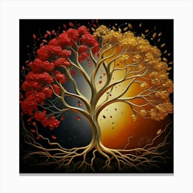 Template: Half red and half black, solid color gradient tree with golden leaves and twisted and intertwined branches 3D oil painting 4 Canvas Print