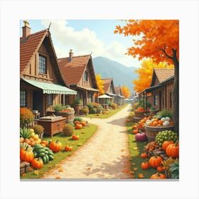 Autumn Harvest Festival In A Village, Watercolor With Local Produce And Activities 1 Canvas Print