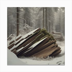 Small wooden hut inside a dense forest of pine trees with falling snow 11 Canvas Print
