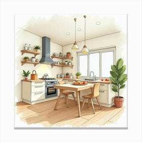 Elegant Watercolor Kitchen Scene, Warm And Inviting Feel 1 Canvas Print