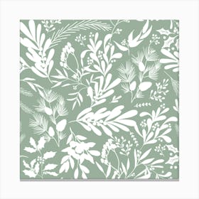 Christmas Botanical Leaves - Green White Canvas Print