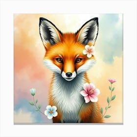 A Fox With Delicate Floral Accents, Set Against A Colorful, Dreamy Watercolor Background Canvas Print