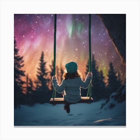 Girl I’m tree swing looking at colorful night sky Canvas Print
