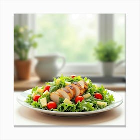 Watercolor Effect Of A Fresh Salad With Chicken On A Modern Kitchen Counter Canvas Print