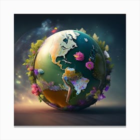Earth Globe With Flowers And Plants Canvas Print