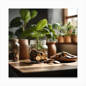 Jar Of Coins And Plant Canvas Print