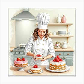 Watercolor Of A French Pastry Chef Decorating Elegant Cakes In A Kitchen 1 Canvas Print