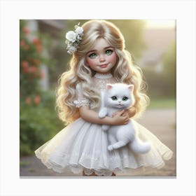 Little Girl With A White Cat Canvas Print