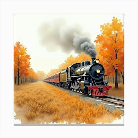 Rustic Train Moving Through A Watercolor Painted Fall Landscape 1 Canvas Print