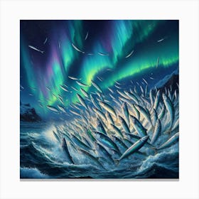 Sardines Dancing Under The Northern Lights In The Arctic Ocean, Style Realistic Oil Painting 2 Canvas Print
