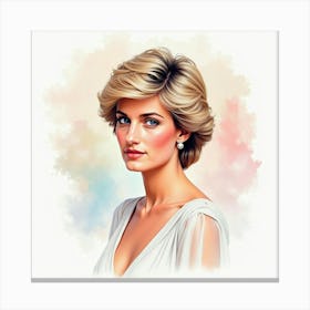 Watercolor Portrait Of Princess Diana With Luminous Pastel Background Tones Canvas Print