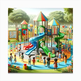 A Colorful And Imaginative Children S Playground With Fewer Children, Emphasizing Space And The Variety Of Interactive Educational Games Canvas Print