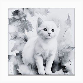 Black and White White Cat In Autumn Leaves Canvas Print