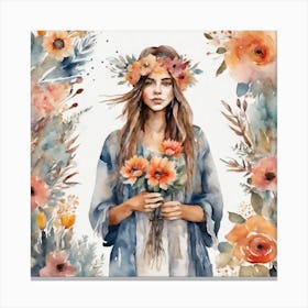 The art of boho girl bear flowers Canvas Print