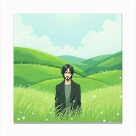 Keanu Reeves In A Tranquil Watercolor Landscape Of Rolling Green Hills Canvas Print