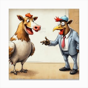 Cartoon Chicken And Businessman Canvas Print