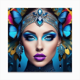 Beautiful Woman With Blue Makeup And Butterfly Wings Canvas Print