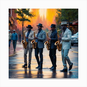 Sunset Serenade Stylish Saxophonists In A Vibrant Urban Evening (4) Canvas Print