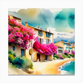 Watercolor Of A Seaside Village Canvas Print