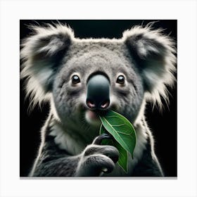 Koala chewing leaf portrait on black background Canvas Print