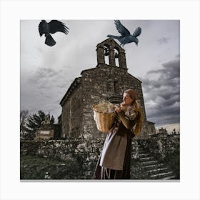 Woman With Basket In Front Of Church Canvas Print