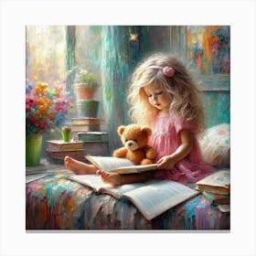 Little Girl Reading To A Teddy Bear Canvas Print