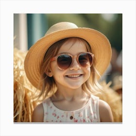 Smiling Little Girl In Straw Hat And Sunglasses 3 Canvas Print