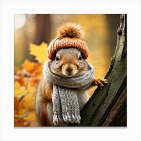 Closeup Of A Squirrel Adorned With A Knitted Hat And Scarf Perched On A Branch Within An Autumnal W Canvas Print