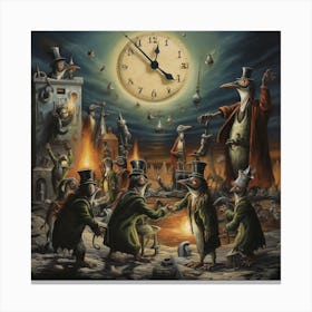 Penguins And Clocks Canvas Print