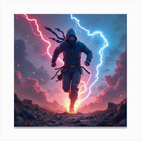 Ninja Running Through A Storm Of Vibrant, Electric Energy 1 Canvas Print