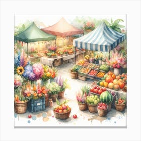 Inviting and Delicious - Watercolor Painting of a Flower and Fruit Market Canvas Print