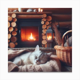 Cat Sleeping In Front Of Fireplace 2 Canvas Print