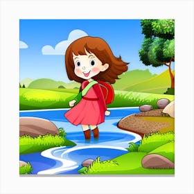 Girl Crossing The River Illustration 1 Canvas Print