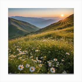 A Lush Green Mountain Filled With Blooming Wildflowers Basks In Warm Sunlight Under A Clear Blue Sky, Its Natural Beauty Portrayed Serenely 4 Canvas Print