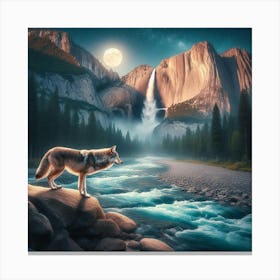 Wolf on the Rocks of Waterfall River Canvas Print