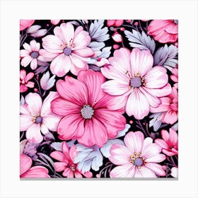 Floral Fantasia A Vibrant Pattern Bursting With Baby Pink White Flowers Perfect For Those Pink Flowers On Black Background Canvas Print