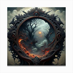 A Surreal And Eerie Portal With Twisted Branches And A Glowing Red Sky Canvas Print