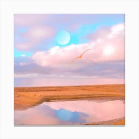 Moon Reflexion With Pink Seagull Square Canvas Print