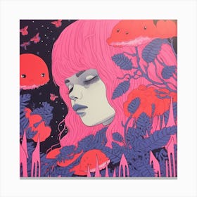 Ethereal Girl Surreal Risograph Illustration, Bubblegum Colours, Mushrooms & Eyes Canvas Print