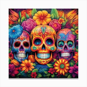 Maraclemente Many Sugar Skulls Colorful Flowers Vibrant Colors 3 Canvas Print