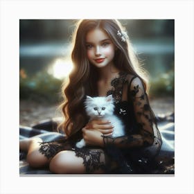 Beautiful Girl With A Cat Canvas Print