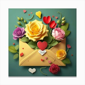 An open red and yellow letter envelope with flowers inside and little hearts outside 13 Canvas Print