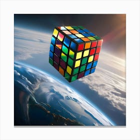 A Majestic Rubik S Cube, With Vibrant Stickers Reflecting A Kaleidoscope Of Colors, Hovers Over Planet Earth Canvas Print