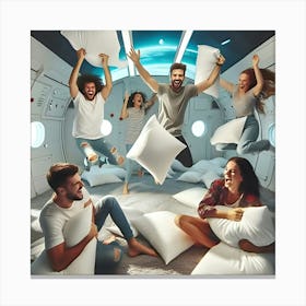 A Group Of Friends Having A Pillow Fight In Zero Gravity, Floating Around The Room And Laughing Hysterically 1 Canvas Print