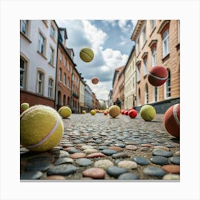 A perspective shot of a cobblestone street with tennis balls bouncing. Canvas Print